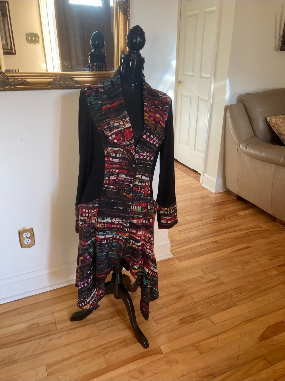 Joseph Ribkoff Black and Multicolor Asymmetrical Longline Sweater Blazer